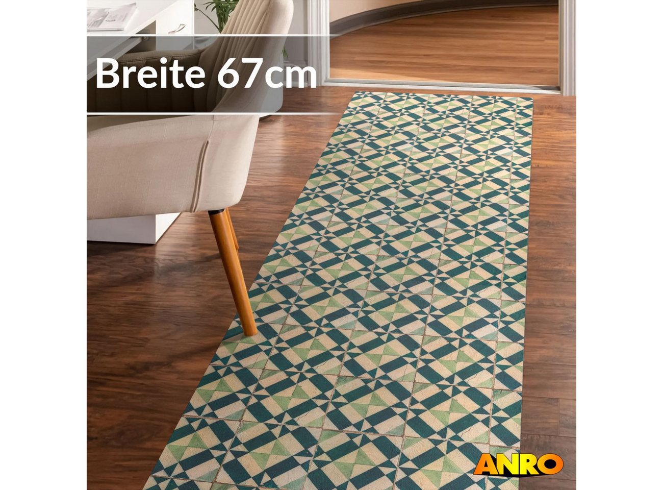 ANRO Küchenläufer abwaschbar Azulejo LADY Läufer pflegeleicht Küchenteppich, Rechteckig, Höhe: 3 mm, robust schmutzabweisend 67x100cm Rustikal Grün robust Bild 2