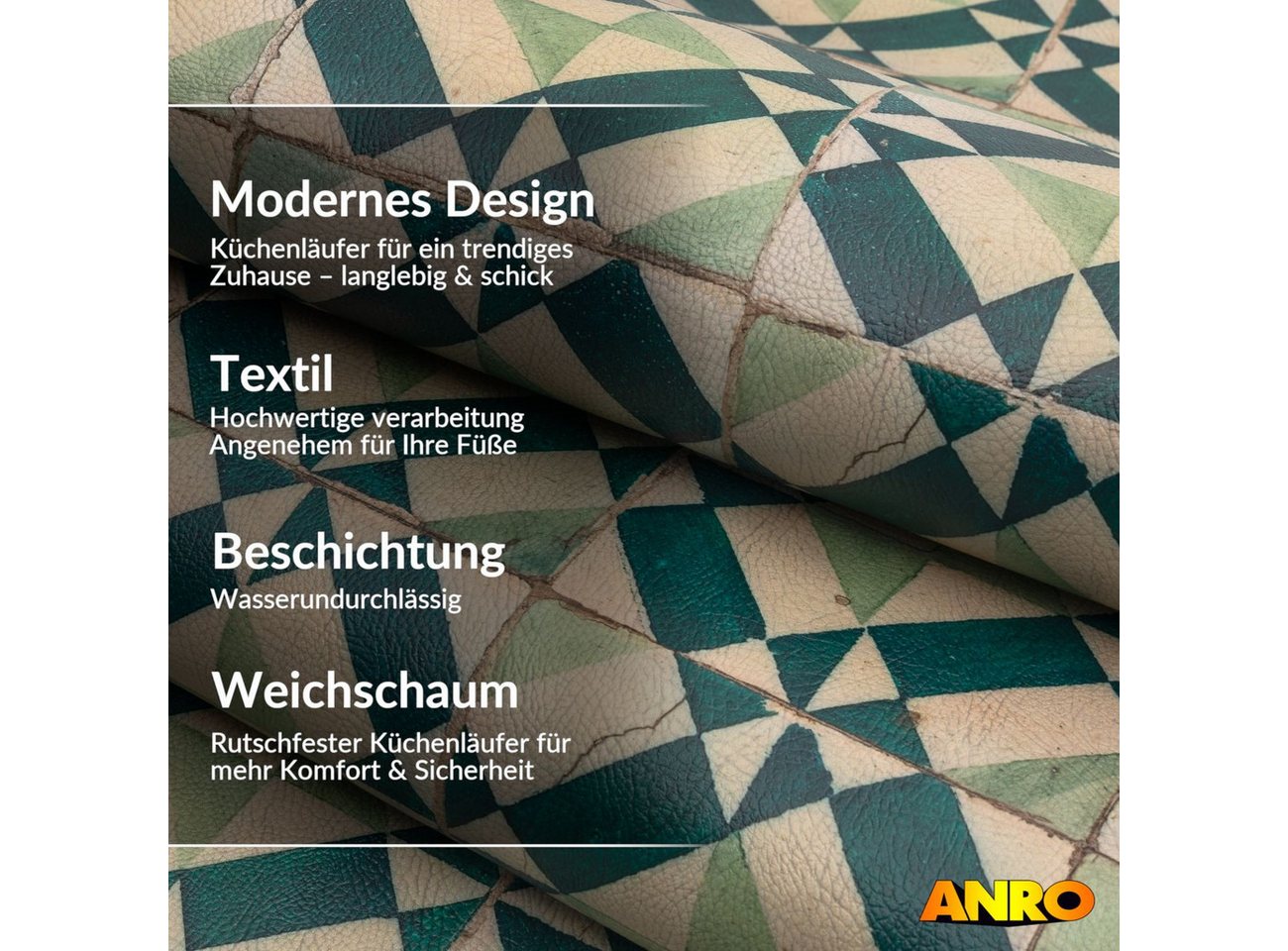 ANRO Küchenläufer abwaschbar Azulejo LADY Läufer pflegeleicht Küchenteppich, Rechteckig, Höhe: 3 mm, robust schmutzabweisend 67x100cm Rustikal Grün robust Bild 3