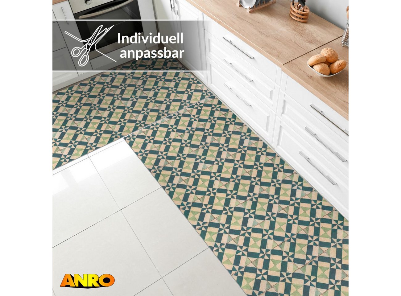 ANRO Küchenläufer abwaschbar Azulejo LADY Läufer pflegeleicht Küchenteppich, Rechteckig, Höhe: 3 mm, robust schmutzabweisend 67x100cm Rustikal Grün robust Bild 4