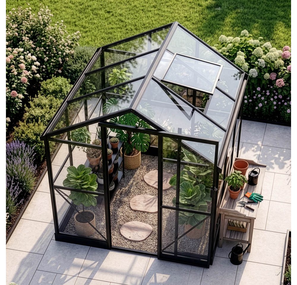HOME DELUXE Gewächshaus inkl. Fundament ALBORA, BxTxH: 184 x 184 x 203 cm, 2 mm Wandstärke, Polycarbonatplatten, inkl. Regenrinnen mit Auslass & Dachlüftung