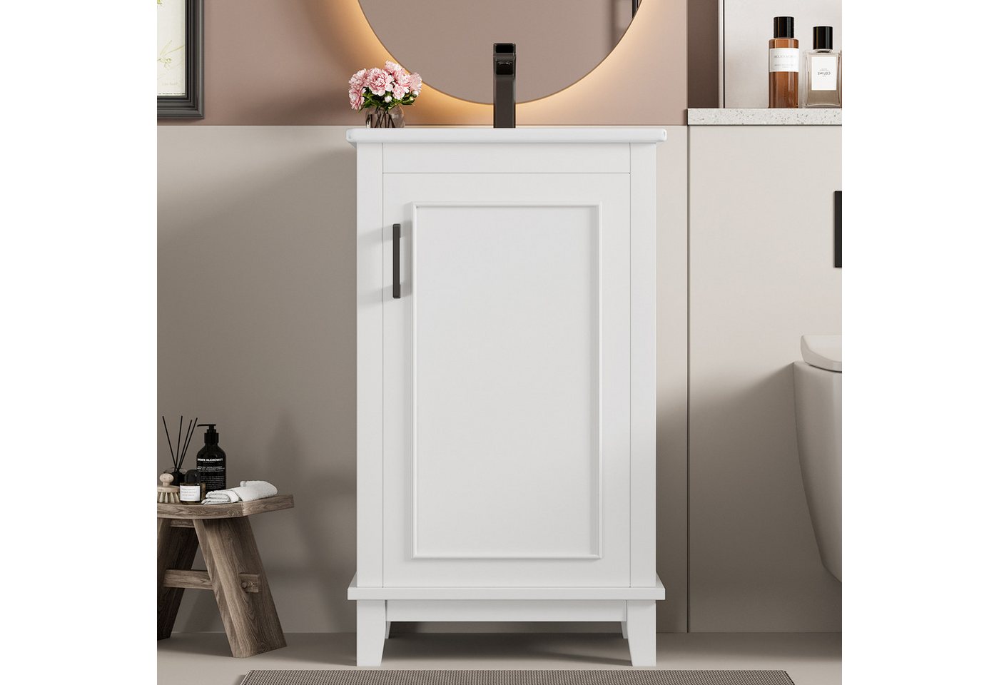 Celya Waschbeckenunterschrank 51x34x83cm Bodenstehender Badezimmerschrank, Waschtisch (integriertes Keramikwaschbecken, geeignet für kleine Räume, weiß) Waschtisch,komplett lackiert, Türregale, verstellbare Regale Bild 2