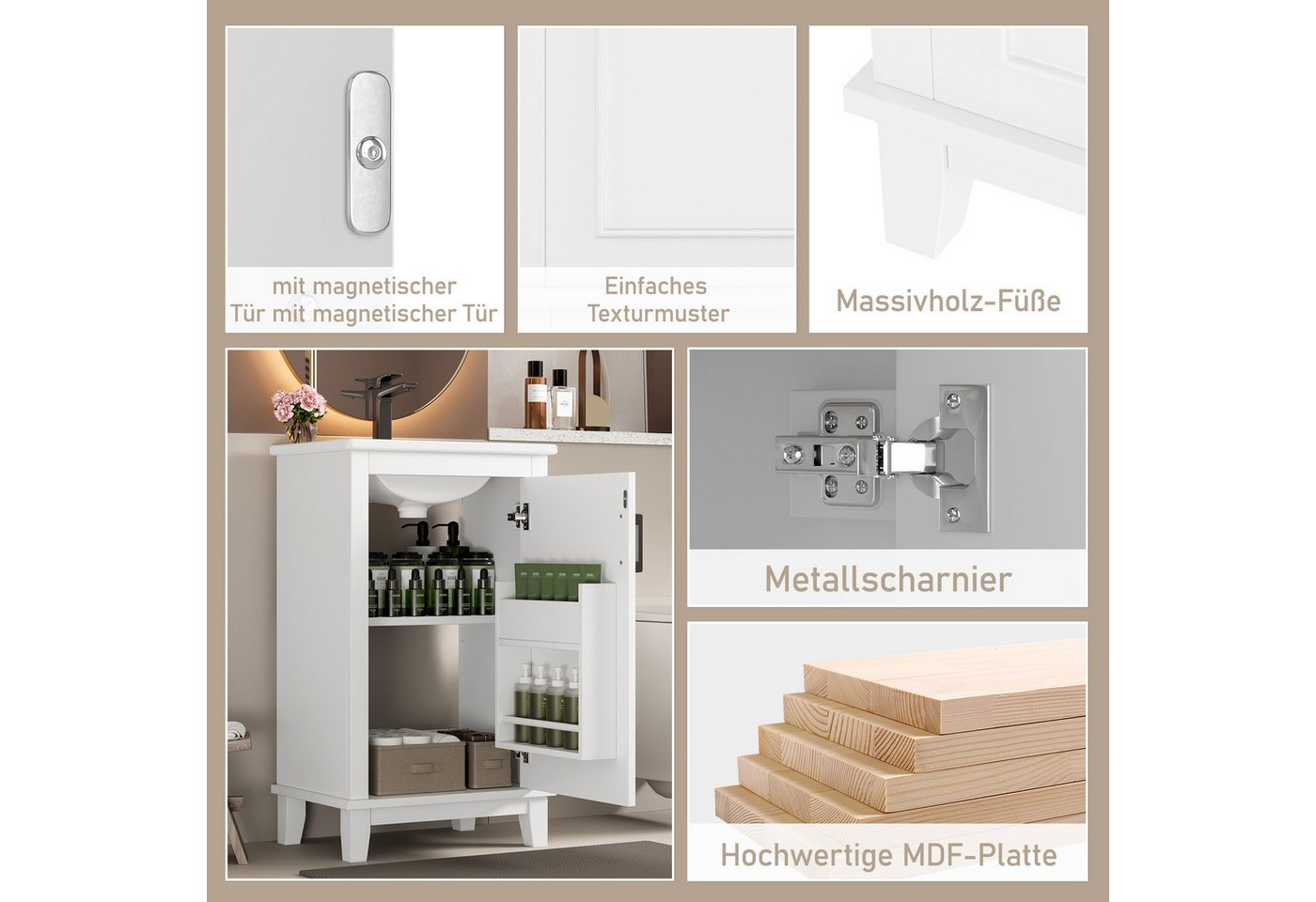 Celya Waschbeckenunterschrank 51x34x83cm Bodenstehender Badezimmerschrank, Waschtisch (integriertes Keramikwaschbecken, geeignet für kleine Räume, weiß) Waschtisch,komplett lackiert, Türregale, verstellbare Regale Bild 3