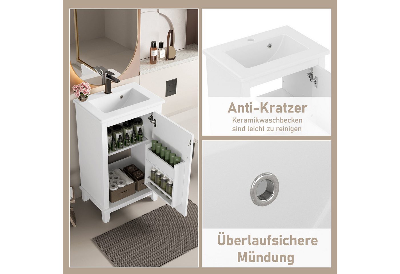 Celya Waschbeckenunterschrank 51x34x83cm Bodenstehender Badezimmerschrank, Waschtisch (integriertes Keramikwaschbecken, geeignet für kleine Räume, weiß) Waschtisch,komplett lackiert, Türregale, verstellbare Regale Bild 5