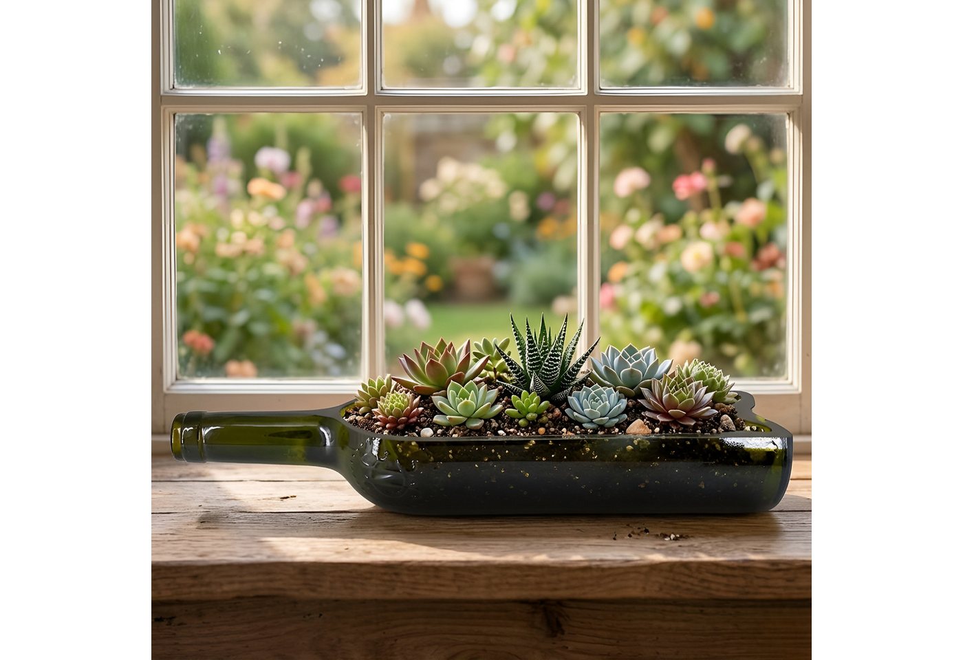 Upglassic Sukkulente Planter aus echter Weinflasche – Upcycling Pflanzgefäß für Sukkulenten Blumentopf für Sukkulenten (Maße: ca. 30 x 7 x 6 cm), 1 St., Upcycling-Glas aus alten Weinflaschen