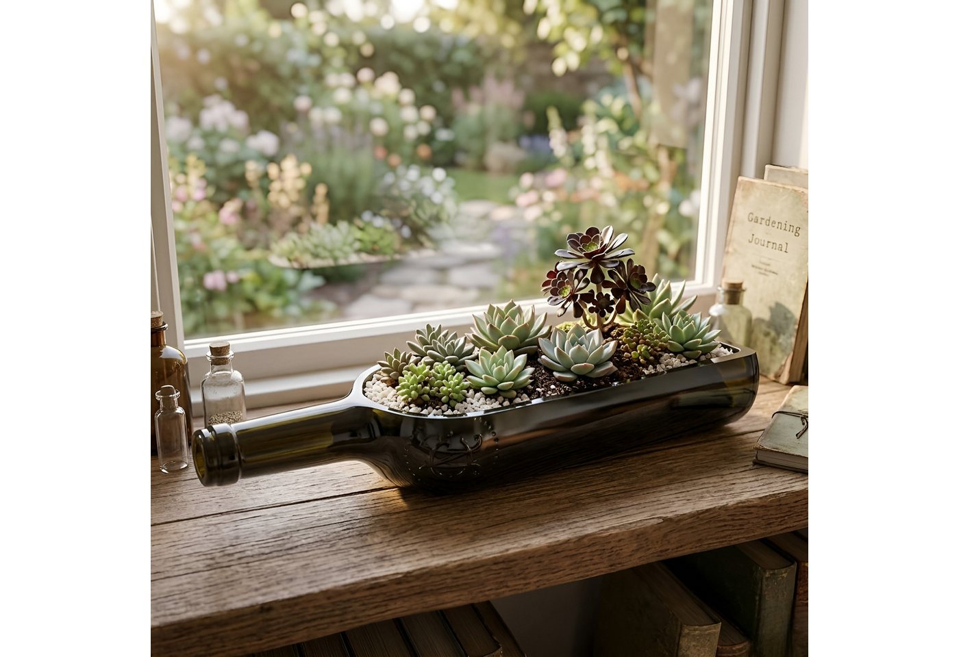Upglassic Sukkulente Planter aus echter Weinflasche – Upcycling Pflanzgefäß für Sukkulenten Blumentopf für Sukkulenten (Maße: ca. 30 x 7 x 6 cm), 1 St., Upcycling-Glas aus alten Weinflaschen Bild 2
