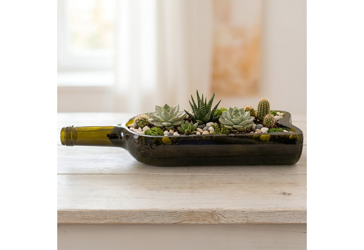 Upglassic Sukkulente Planter aus echter Weinflasche – Upcycling Pflanzgefäß für Sukkulenten Blumentopf für Sukkulenten (Maße: ca. 30 x 7 x 6 cm), 1 St., Upcycling-Glas aus alten Weinflaschen Bild 5