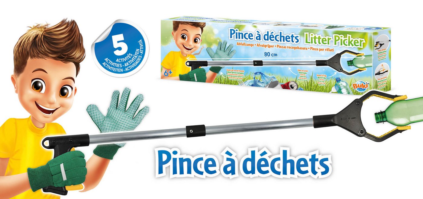 Buki France Gartenpflege-Set BUKI Abfallzange mit Greifkopf und Handschuhen für Kinder ab 6, Ein Teil der Zange ist magnetisch