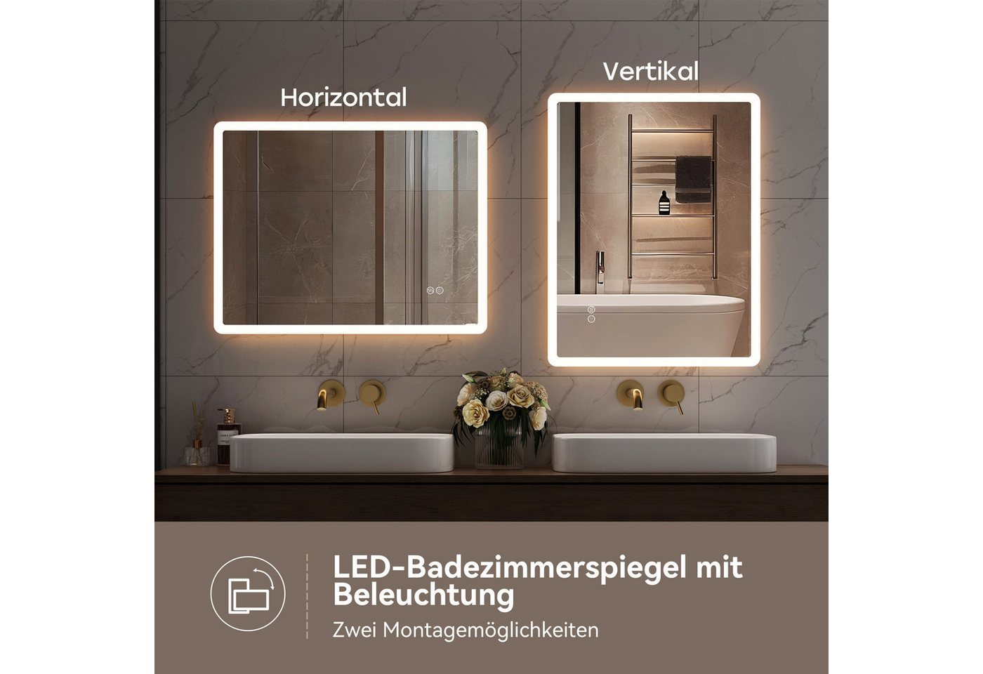 HOROW Badspiegel Badspiegel LED Badezimmerspiegel Rechteckig Lichtfarbe einstellbar (Kaltweiß/Neutralweiß/Warmweiß Licht, Dimmbar, Memory Funktion, IP44, 3 Lichtfarben, Anti-Beschlag), Dimmbar, Antibeschlag ohne Rahmen Wandspiegel, Energiesparend