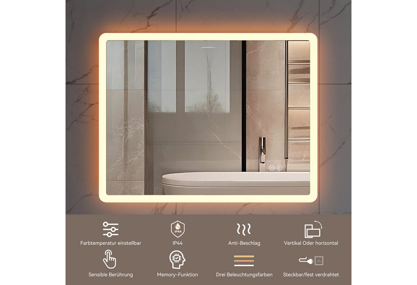 HOROW Badspiegel Badspiegel LED Badezimmerspiegel Rechteckig Lichtfarbe einstellbar (Kaltweiß/Neutralweiß/Warmweiß Licht, Dimmbar, Memory Funktion, IP44, 3 Lichtfarben, Anti-Beschlag), Dimmbar, Antibeschlag ohne Rahmen Wandspiegel, Energiesparend Bild 2