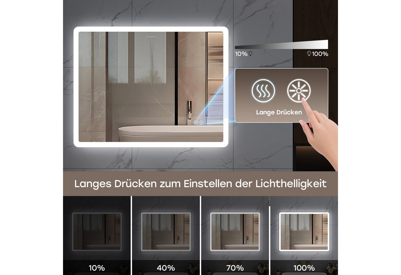 HOROW Badspiegel Badspiegel LED Badezimmerspiegel Rechteckig Lichtfarbe einstellbar (Kaltweiß/Neutralweiß/Warmweiß Licht, Dimmbar, Memory Funktion, IP44, 3 Lichtfarben, Anti-Beschlag), Dimmbar, Antibeschlag ohne Rahmen Wandspiegel, Energiesparend Bild 4