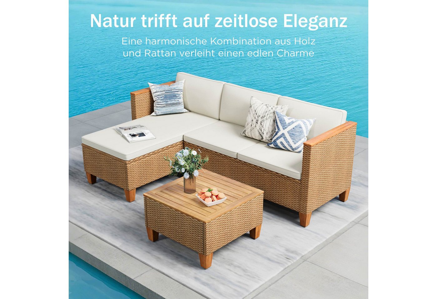 PHI VILLA Gartenlounge-Set, (3 Teilig Gartenmöbel Set Balkonmöbel Rattan Lounge, 1 Chaiselongue, 1 Zweisitzer-Sofa und 1 Kleiner Couchtisch), 4 Personen Terassenmöbel Außen Gartensofa