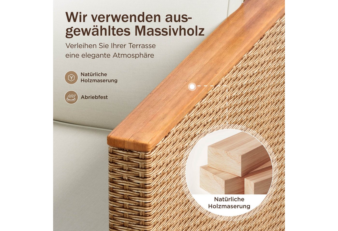 PHI VILLA Gartenlounge-Set, (3 Teilig Gartenmöbel Set Balkonmöbel Rattan Lounge, 1 Chaiselongue, 1 Zweisitzer-Sofa und 1 Kleiner Couchtisch), 4 Personen Terassenmöbel Außen Gartensofa Bild 2