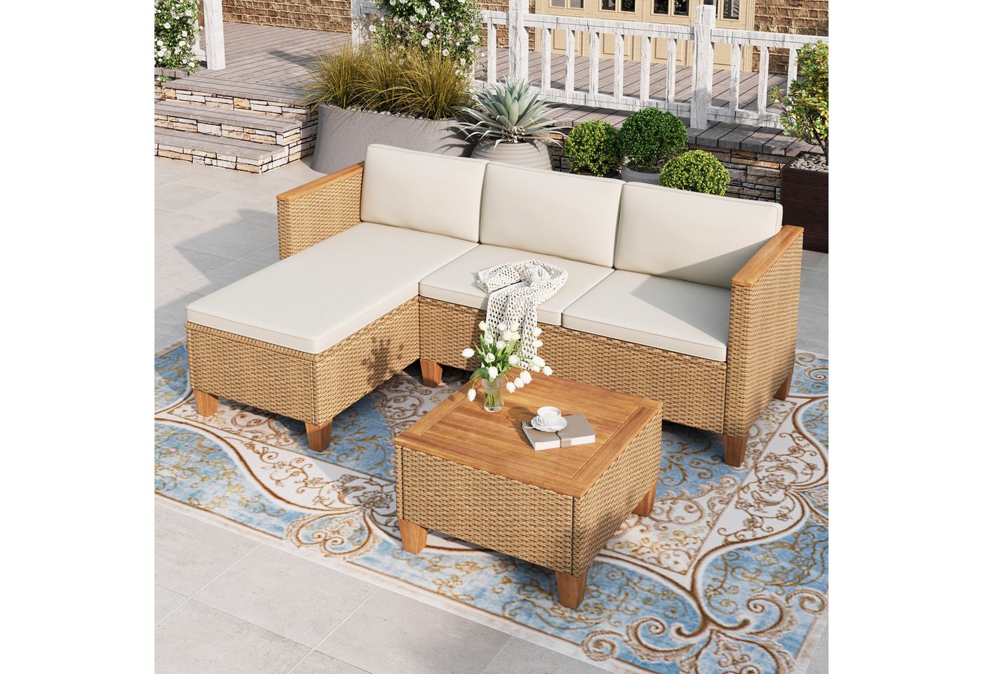 PHI VILLA Gartenlounge-Set, (3 Teilig Gartenmöbel Set Balkonmöbel Rattan Lounge, 1 Chaiselongue, 1 Zweisitzer-Sofa und 1 Kleiner Couchtisch), 4 Personen Terassenmöbel Außen Gartensofa Bild 3