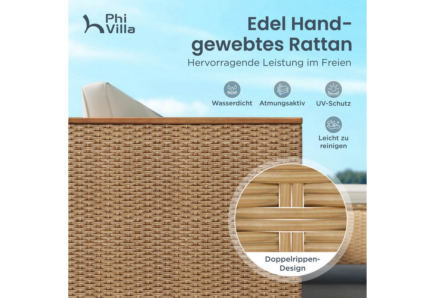 PHI VILLA Gartenlounge-Set, (3 Teilig Gartenmöbel Set Balkonmöbel Rattan Lounge, 1 Chaiselongue, 1 Zweisitzer-Sofa und 1 Kleiner Couchtisch), 4 Personen Terassenmöbel Außen Gartensofa Bild 5