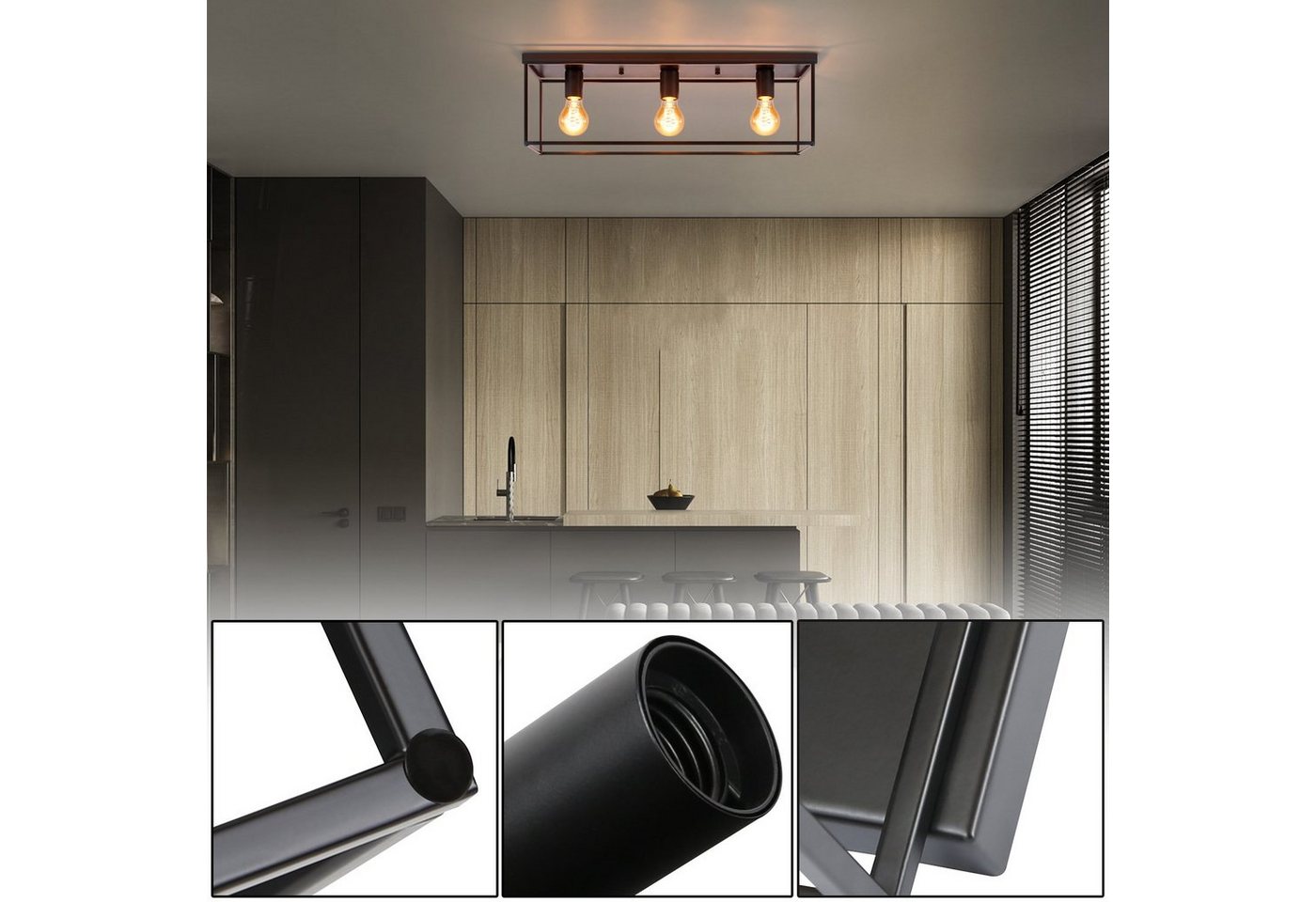 ZMH Deckenleuchte Retro Schwarz industrial 2//3//4 Flammige für Wohnzimmer Esszimmer, ohne Leuchtmittel Bild 3
