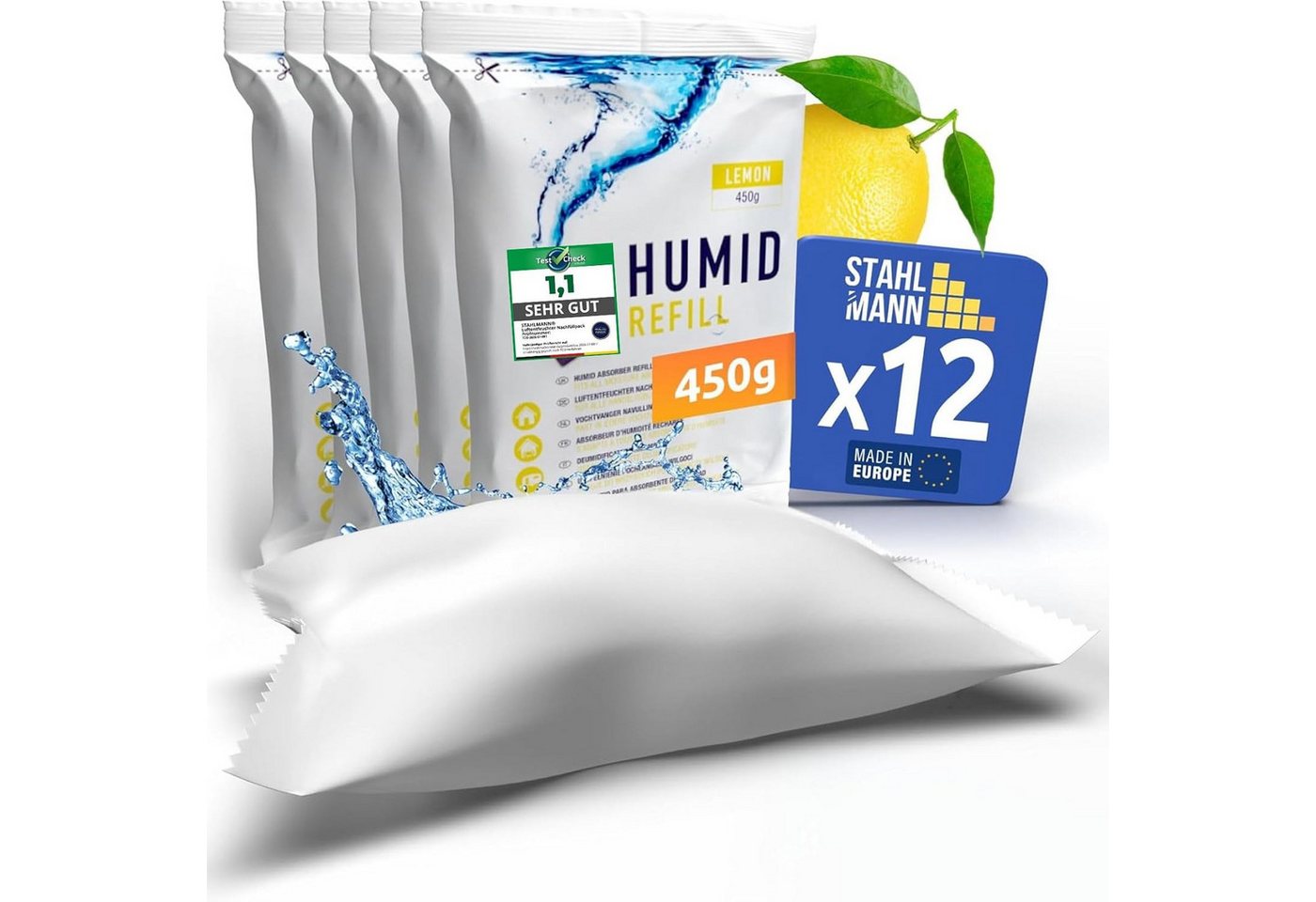 STAHLMANN COMMERCE GmbH Luftentfeuchter-Nachfüllpack Luftentfeuchter Nachfüllpack [12 x 450 g] Granulat Zitrone Duft, für Alle Gängigen Luftentfuchter mit einem Nachfüllpack von 400-450G, Zitrone, 12 x 450 g · 5,4 kg Vorrat · Zitrone · ohne Strom · Made in EU Bild 5