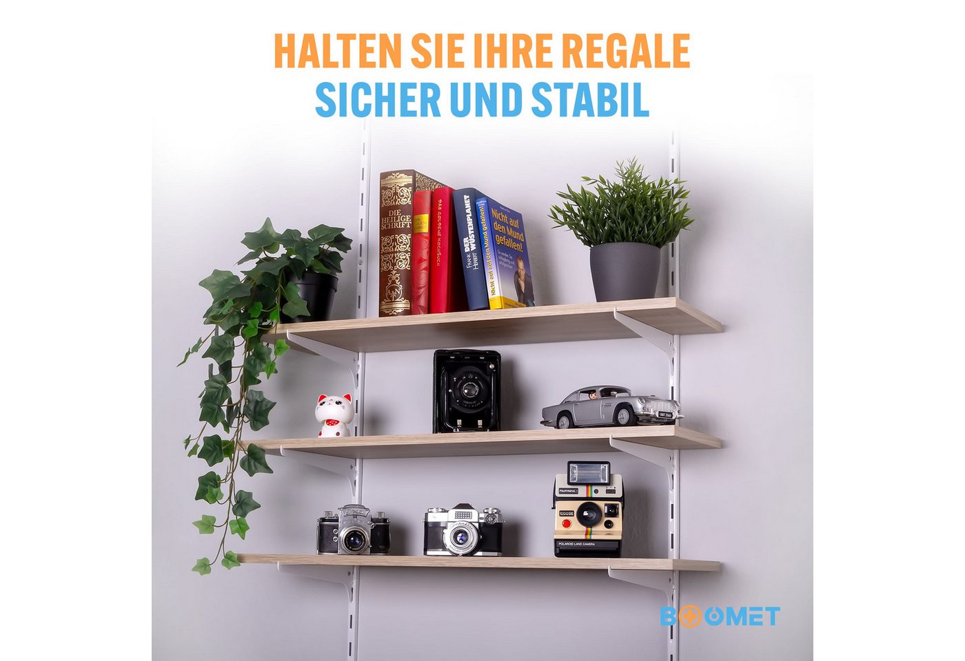 BOOMET Wandregalhalter Regalträger 1-reihig für Wandschienen, 0,2 4-tlg., Regalsystem Weiß 20cm Wandregalhalter Regalwinkel