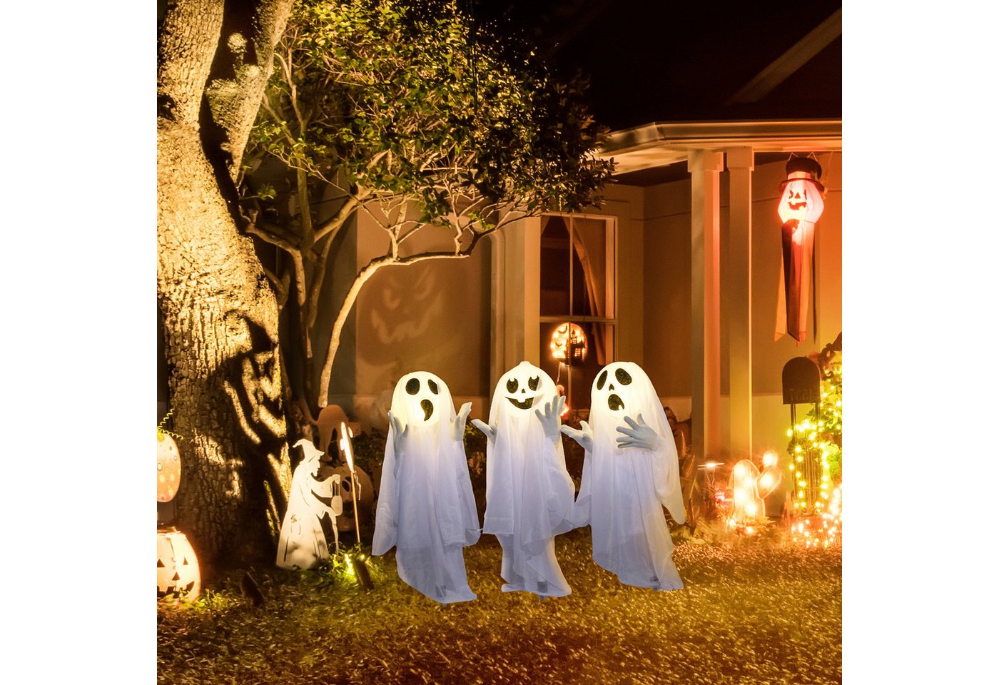 HOMCOM Dekofigur 60cm 3er-Set Halloween-Geister-Hofpfählen mit LED-Lichter (Ghost Stakes, 1 St., Deko für Halloween), Halloween-Außendekoration für Rasen, Garten Stahl, Weiß