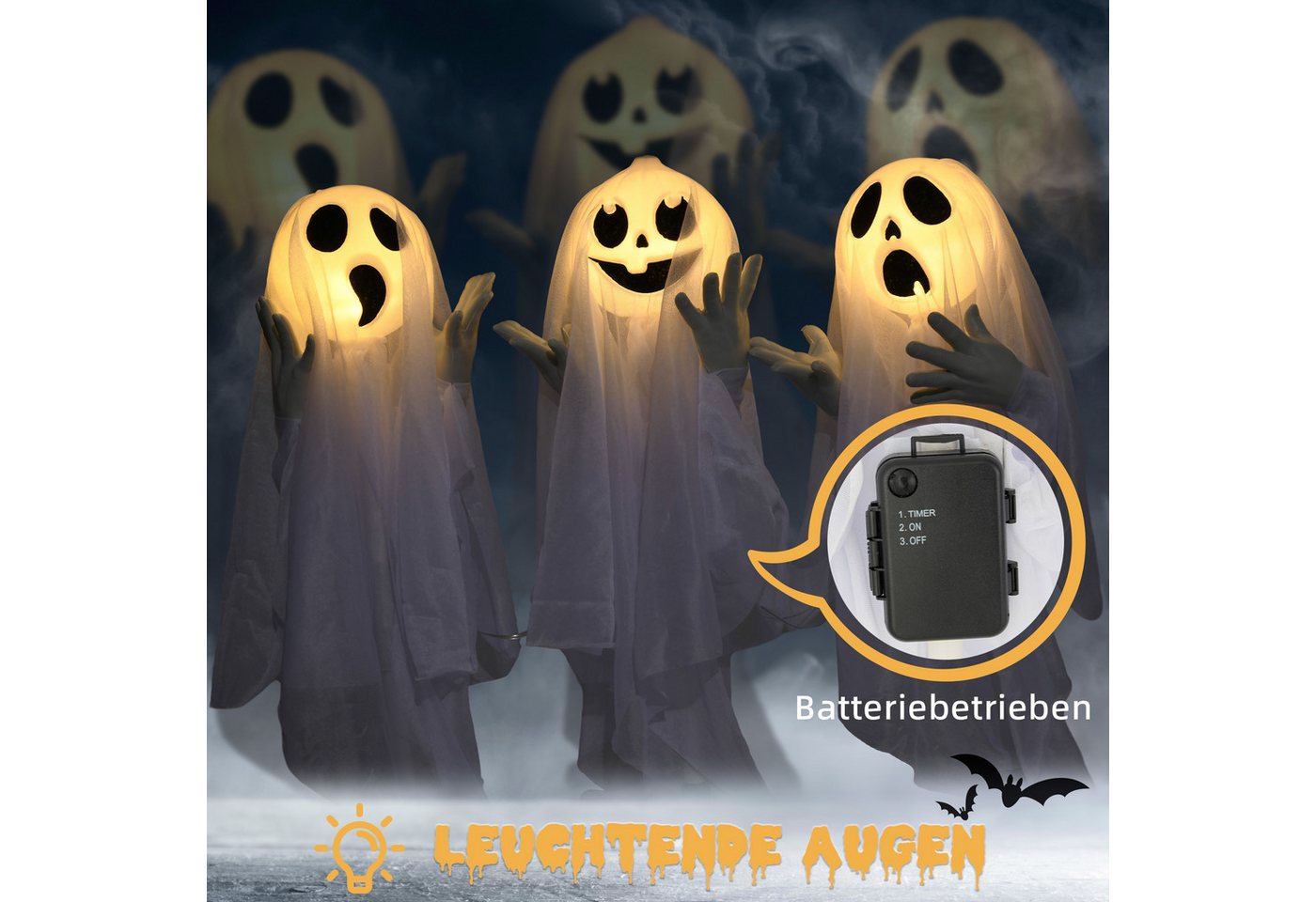 HOMCOM Dekofigur 60cm 3er-Set Halloween-Geister-Hofpfählen mit LED-Lichter (Ghost Stakes, 1 St., Deko für Halloween), Halloween-Außendekoration für Rasen, Garten Stahl, Weiß Bild 2