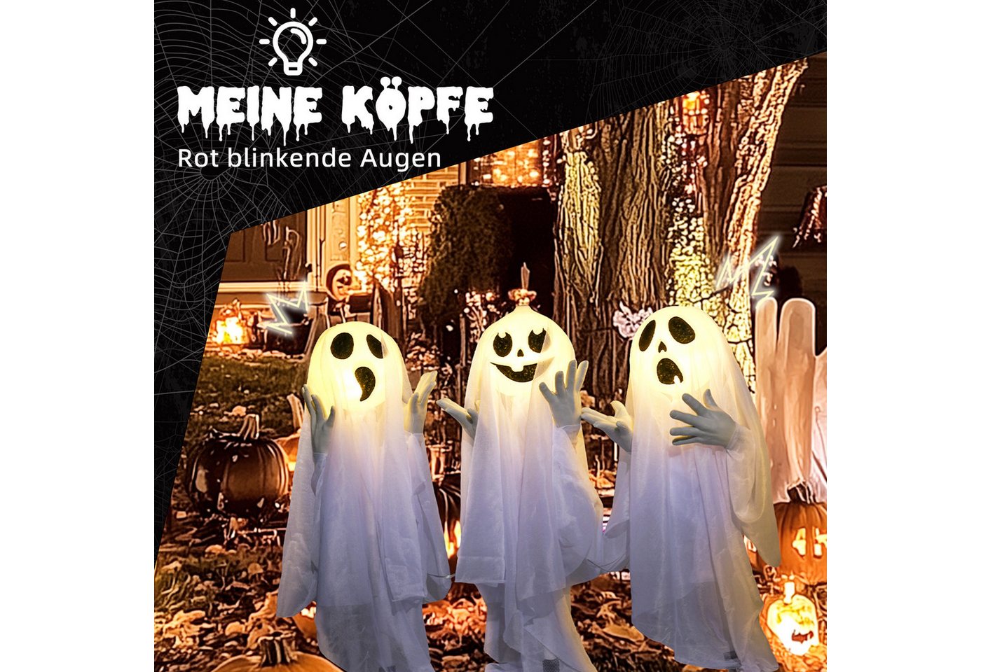 HOMCOM Dekofigur 60cm 3er-Set Halloween-Geister-Hofpfählen mit LED-Lichter (Ghost Stakes, 1 St., Deko für Halloween), Halloween-Außendekoration für Rasen, Garten Stahl, Weiß Bild 3