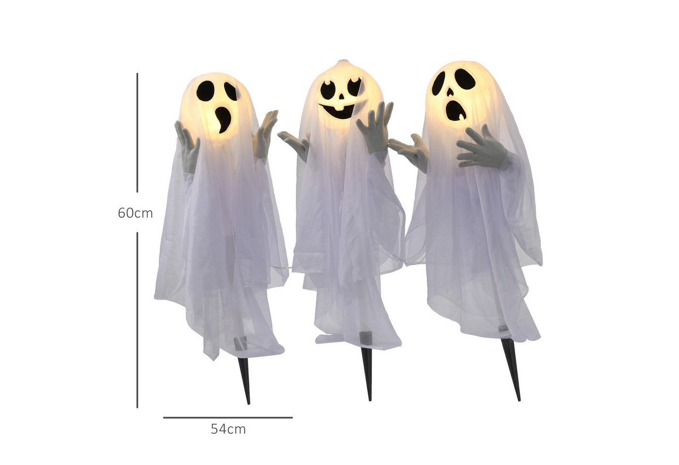 HOMCOM Dekofigur 60cm 3er-Set Halloween-Geister-Hofpfählen mit LED-Lichter (Ghost Stakes, 1 St., Deko für Halloween), Halloween-Außendekoration für Rasen, Garten Stahl, Weiß Bild 4