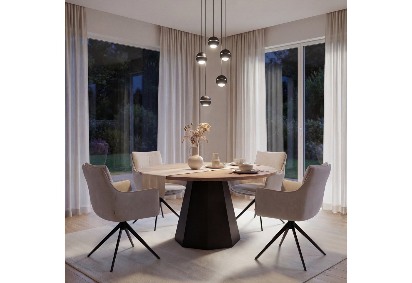 CASA DOMA LED Pendelleuchte Tavira Rondell, 5-flammig, für Esstische, höhenverstellbare Kugeln, dimmbar, LED fest integriert, Warmweiß, aus Metall, Cluster, Soft-Lift, 30 cm Durchmesser