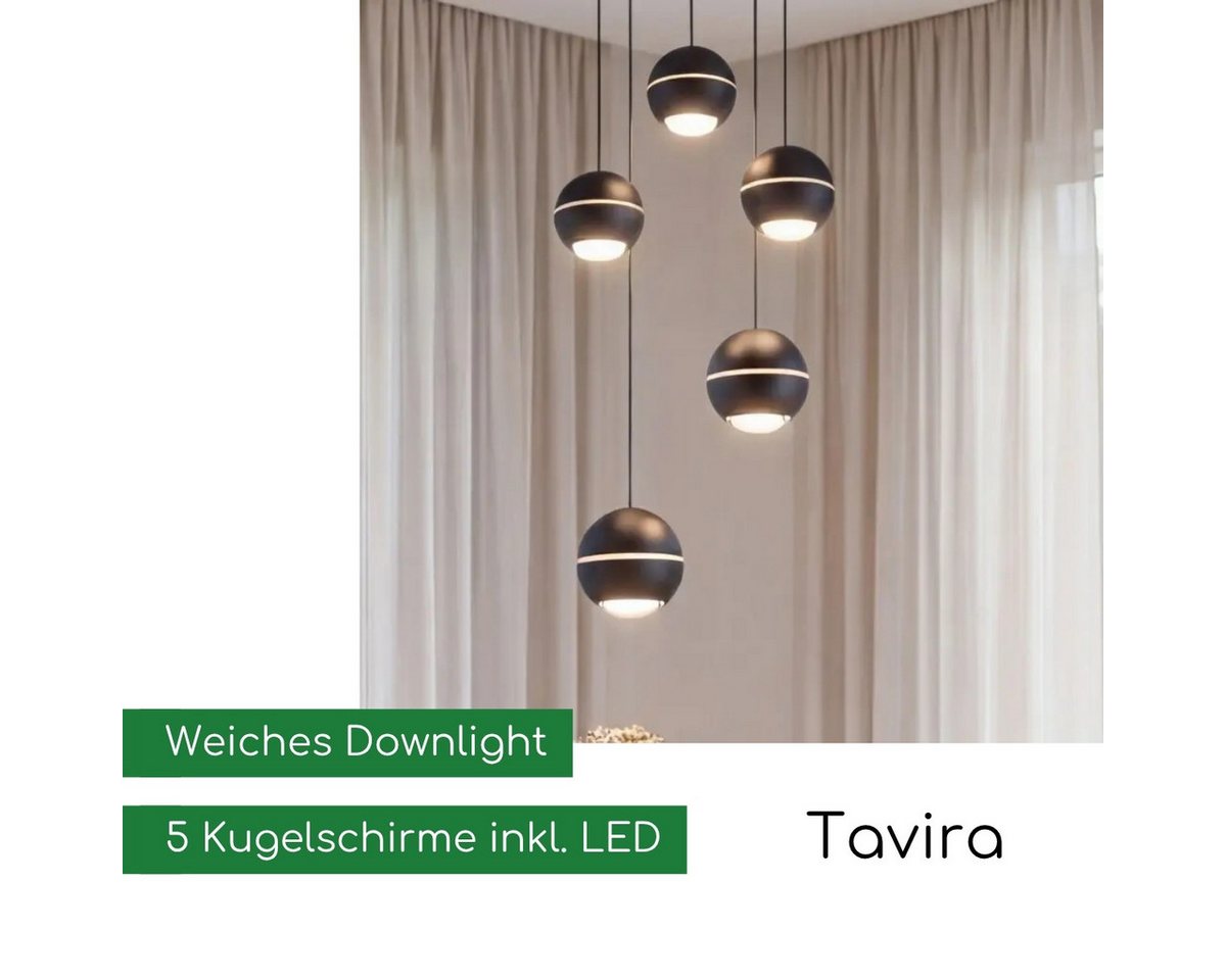 CASA DOMA LED Pendelleuchte Tavira Rondell, 5-flammig, für Esstische, höhenverstellbare Kugeln, dimmbar, LED fest integriert, Warmweiß, aus Metall, Cluster, Soft-Lift, 30 cm Durchmesser Bild 4