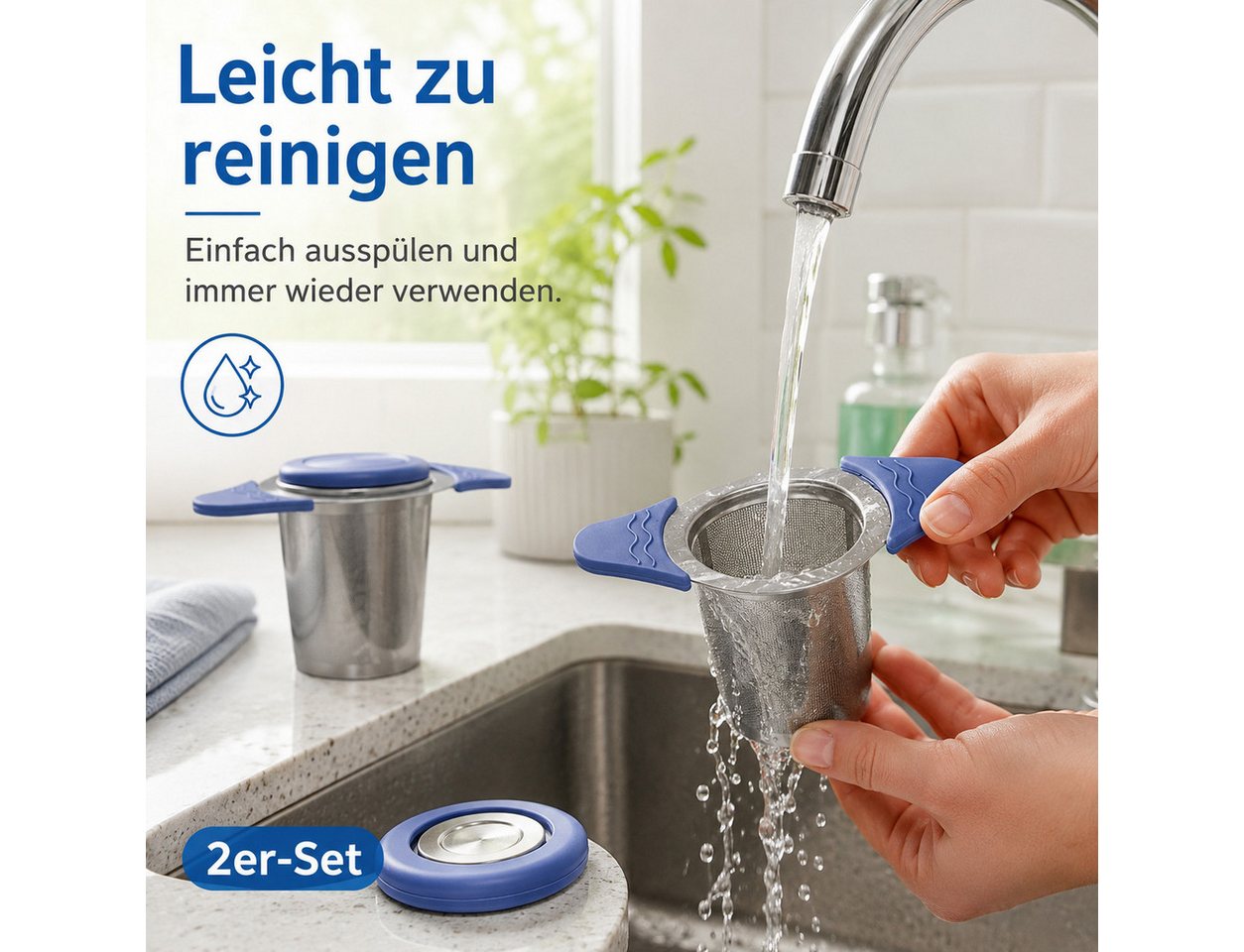 Vornix Teesieb 2er-Set aus Edelstahl, feinmaschiger Tee-Infuser mit Deckel, (hitzebeständigen Silikongriffen, wiederverwendbar für Tassen und Becher)