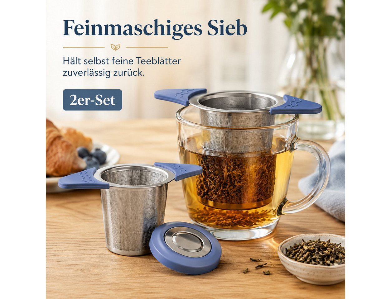 Vornix Teesieb 2er-Set aus Edelstahl, feinmaschiger Tee-Infuser mit Deckel, (hitzebeständigen Silikongriffen, wiederverwendbar für Tassen und Becher) Bild 2