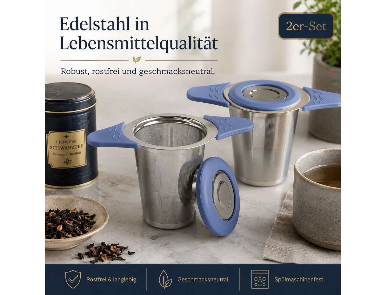 Vornix Teesieb 2er-Set aus Edelstahl, feinmaschiger Tee-Infuser mit Deckel, (hitzebeständigen Silikongriffen, wiederverwendbar für Tassen und Becher) Bild 4
