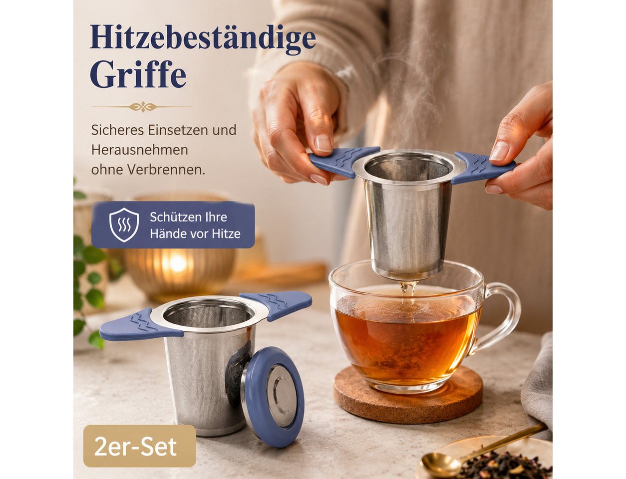 Vornix Teesieb 2er-Set aus Edelstahl, feinmaschiger Tee-Infuser mit Deckel, (hitzebeständigen Silikongriffen, wiederverwendbar für Tassen und Becher) Bild 5