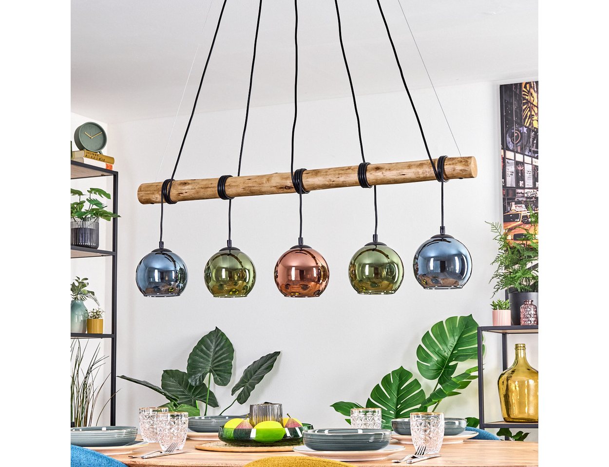 hofstein Pendelleuchte Hängelampe aus Metall/Holz/Glas in Schwarz/Natur/Blau/Grün/Kupfer, Hängeleuchte im Retro/Boho-Design mit Glasschirmen und Holzbalken, E27