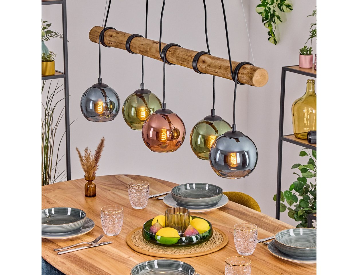 hofstein Pendelleuchte Hängelampe aus Metall/Holz/Glas in Schwarz/Natur/Blau/Grün/Kupfer, Hängeleuchte im Retro/Boho-Design mit Glasschirmen und Holzbalken, E27 Bild 4