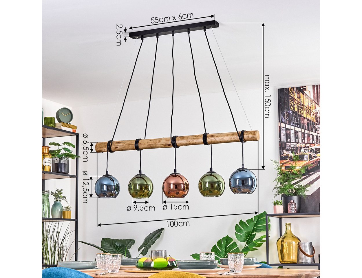 hofstein Pendelleuchte Hängelampe aus Metall/Holz/Glas in Schwarz/Natur/Blau/Grün/Kupfer, Hängeleuchte im Retro/Boho-Design mit Glasschirmen und Holzbalken, E27 Bild 5