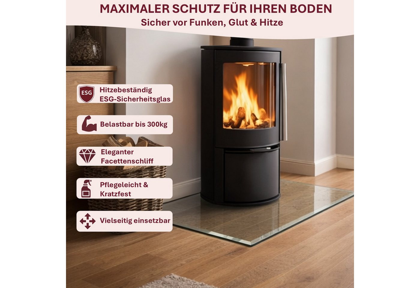 HOOZ Bodenschutzplatte aus 6mm ESG 115x65cm, rechteckige Funkenschutz Fasettenschliff Klar, Kamin Glas, 1-St., belastbare Glasauflage, Glasplatte, Schutzglas, Bodenschutzglas für Kamin, Ofen und Boden Bild 2