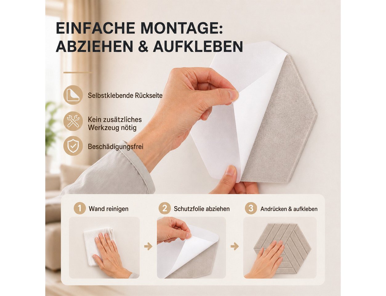 BlingBin Schallschutzpaneel sechseckige Schallschutz Wandpaneele, Akustikpaneele selbstklebend, BxL: 26x30 cm, 0,07 qm, (24er Set, 24-tlg., 300 x 260 mm) 3D Hexagon, Wandpaneele für Studio, Büro und Heimkino