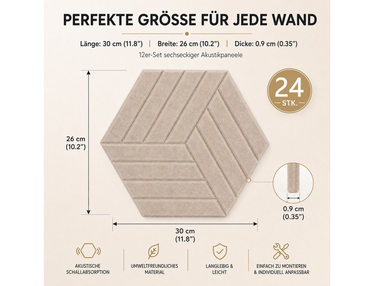 BlingBin Schallschutzpaneel sechseckige Schallschutz Wandpaneele, Akustikpaneele selbstklebend, BxL: 26x30 cm, 0,07 qm, (24er Set, 24-tlg., 300 x 260 mm) 3D Hexagon, Wandpaneele für Studio, Büro und Heimkino Bild 3