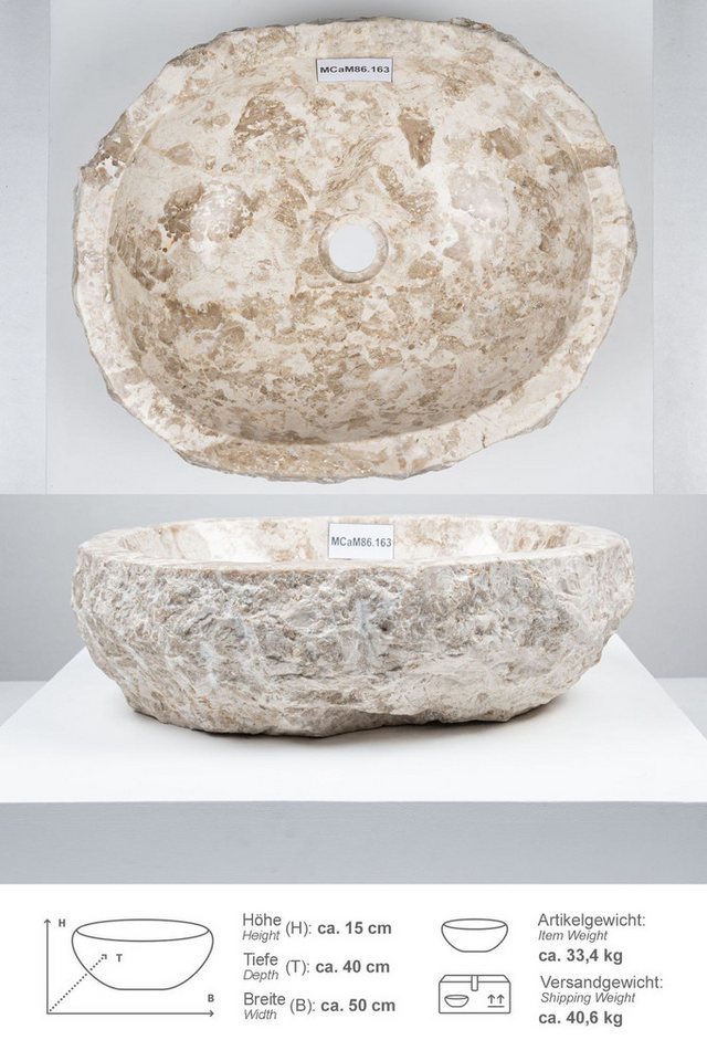 wohnfreuden Aufsatzwaschbecken Erosi Marmor Waschbecken 50 cm creme (Kein Set), 125881_MCaM79.163