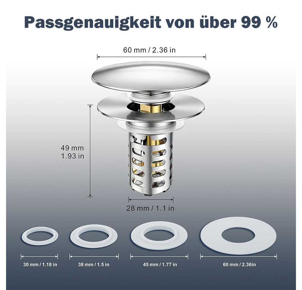 AFKSMILE Waschbeckenstöpsel Waschbeckenstöpsel Pop Up Edelstahl Abflusssieb, Abflussstopfen, Universal Abflussstopfen mit Sieb für Waschbecken (28,5-55 mm Loch)