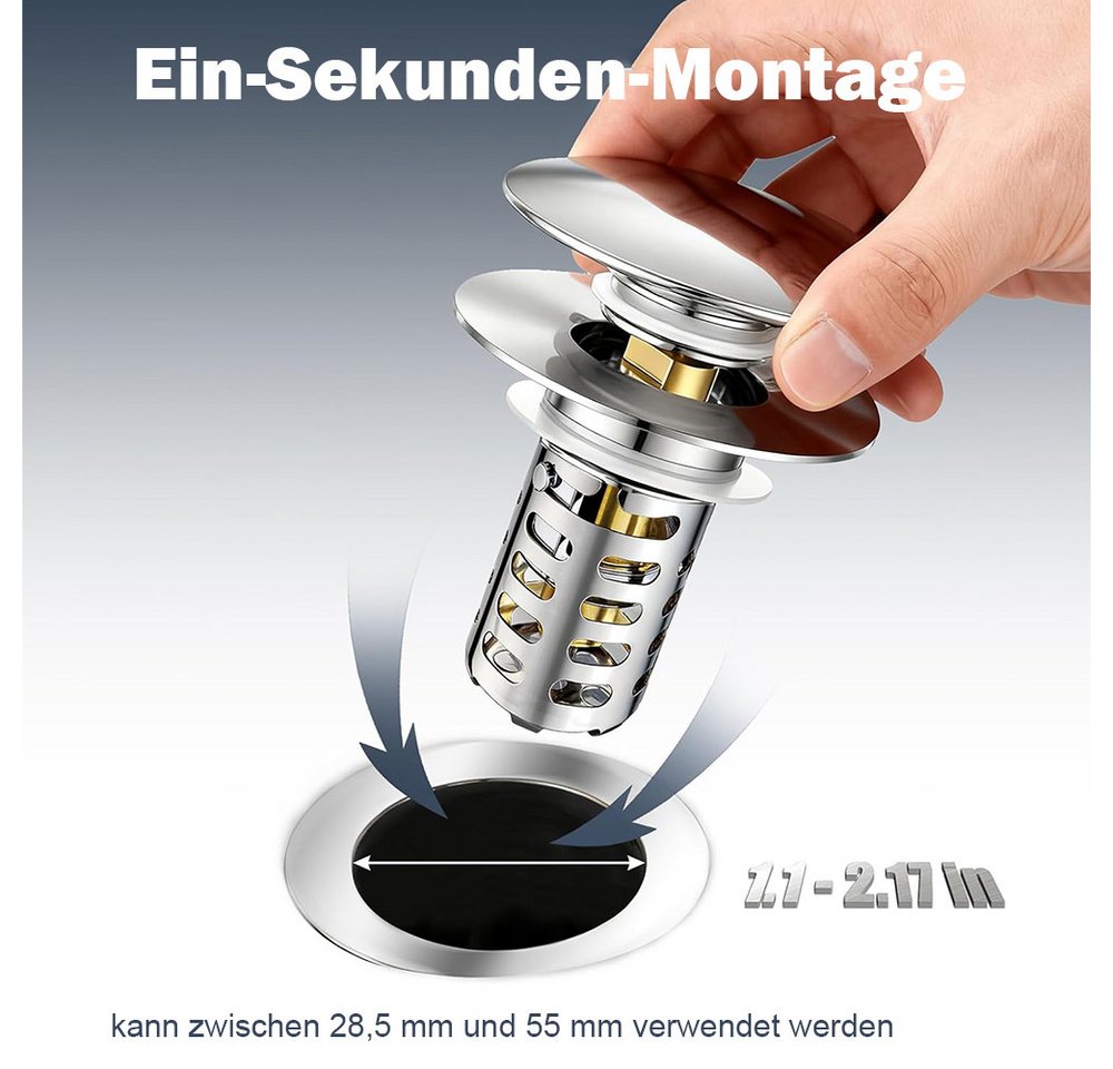 AFKSMILE Waschbeckenstöpsel Waschbeckenstöpsel Pop Up Edelstahl Abflusssieb, Abflussstopfen, Universal Abflussstopfen mit Sieb für Waschbecken (28,5-55 mm Loch) Bild 3
