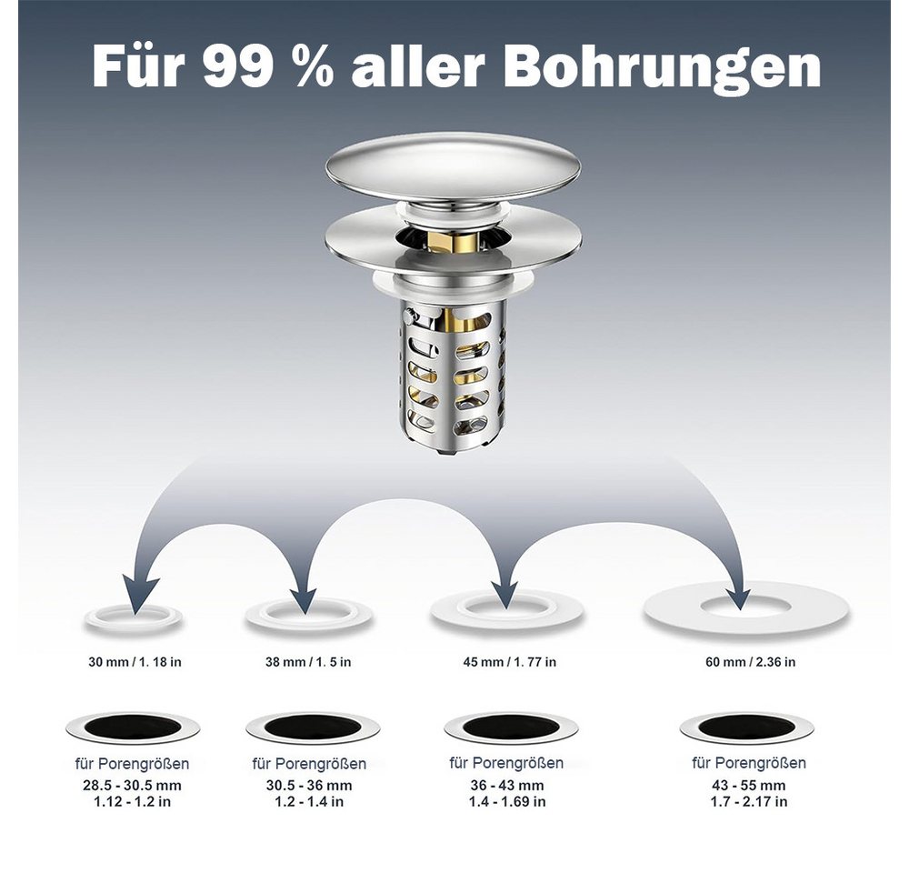 AFKSMILE Waschbeckenstöpsel Waschbeckenstöpsel Pop Up Edelstahl Abflusssieb, Abflussstopfen, Universal Abflussstopfen mit Sieb für Waschbecken (28,5-55 mm Loch) Bild 5