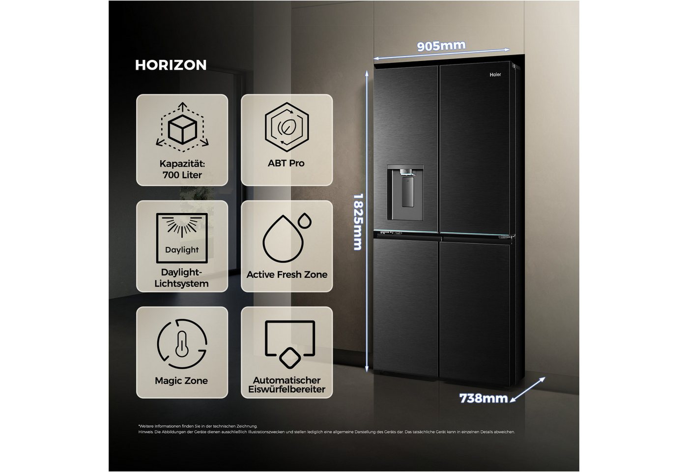 Haier Multi Door Horizon Collection HCR79F18CHMB, 182,5 cm hoch, 90,5 cm breit, Wasserdispenser & Eiswürfelbereiter