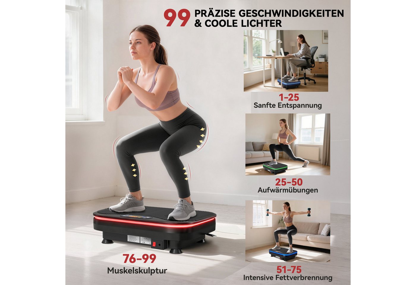 SPORTNOW Heimtrainer mit 99 Intensitätsstufen, 3 Vorprogramm, Lichtern, Bluetooth (Vibrationsplatte, 1-tlg., Rüttelplatte), mit LED-Anzeige, Schwarz Bild 5