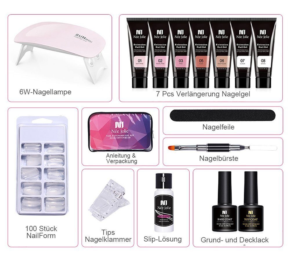 KINSI Lichthärtungsgerät Nagellack-Set 15ml 7 Farben Nagelverlängerung Set 16 Stück, Inclusief nagelwerkzeuge, nagellampen