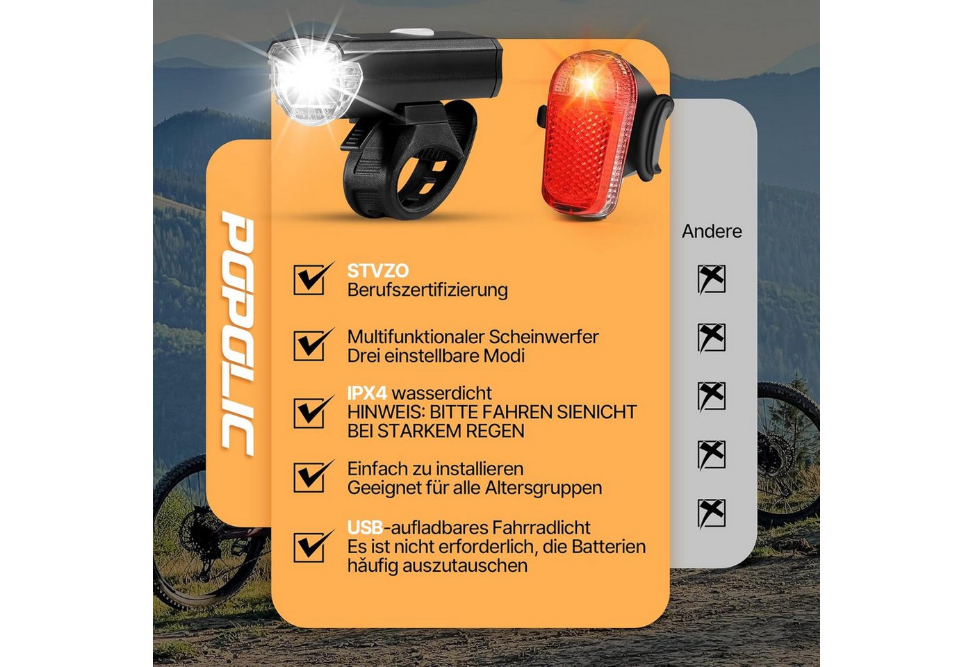 Ophy Fahrradbeleuchtung Fahrradbeleuchtungs-Set (StVZO) – 30/15 LUX, 360° Ausleuchtung, IPX4 wasserdicht, mit USB-Akku (LED Front- & Rücklicht)