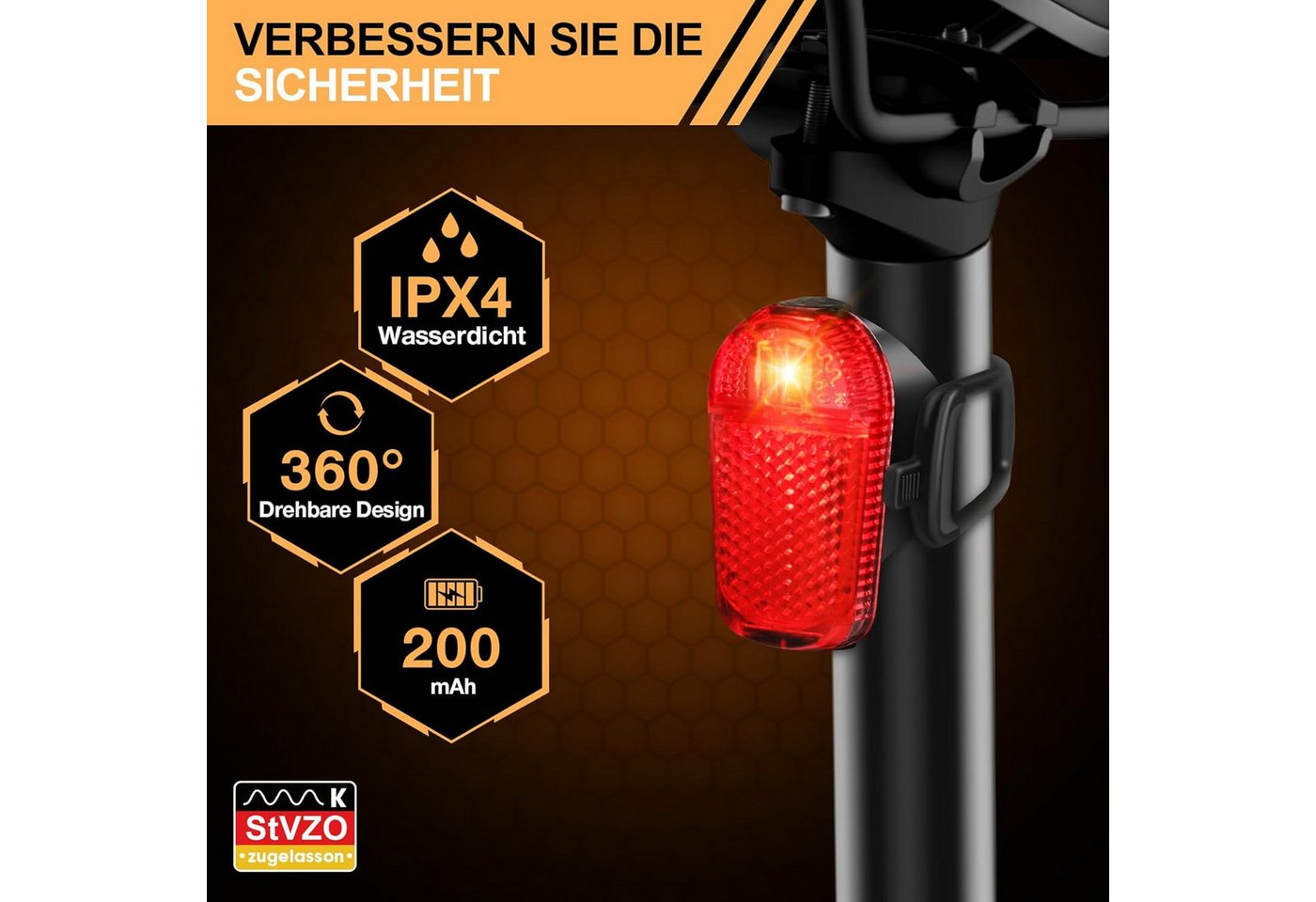 Ophy Fahrradbeleuchtung Fahrradbeleuchtungs-Set (StVZO) – 30/15 LUX, 360° Ausleuchtung, IPX4 wasserdicht, mit USB-Akku (LED Front- & Rücklicht) Bild 3