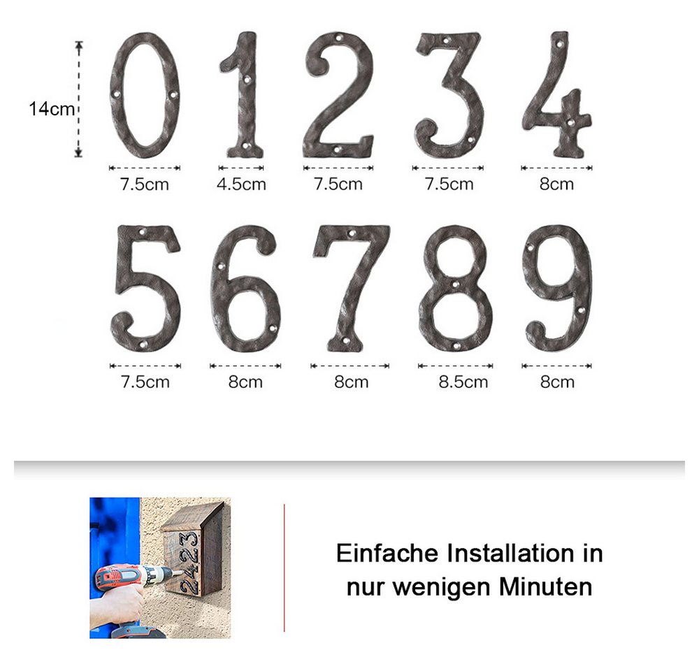 TUWENA Hausnummer Hausnummern aus Gusseisen mit Schrauben, Metall Nummer