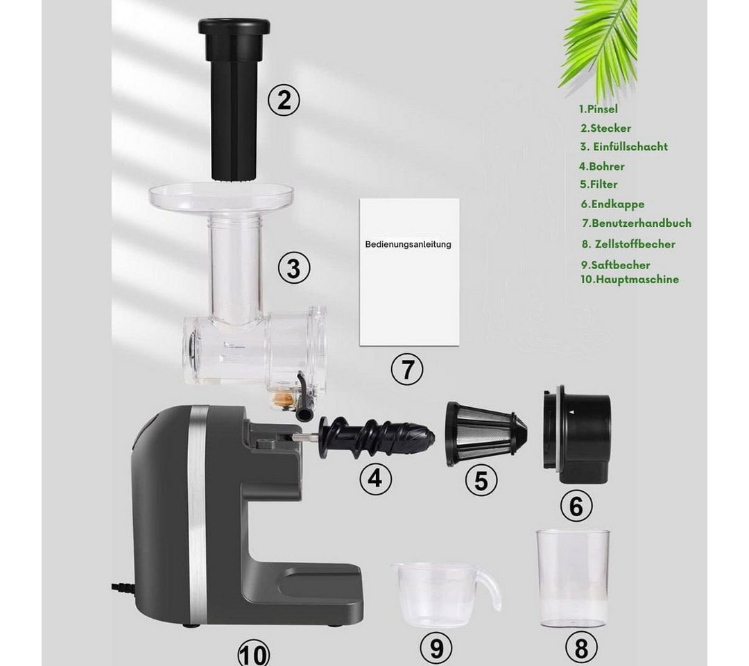 Diyarts Slow Juicer, 200,00 W, Ruhiger Motor & Umkehrfunktion, Sanfter Druck & langsame Rotation Bild 2