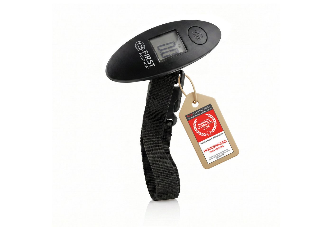 TZS FIRST AUSTRIA Kofferwaage Tragbar bis 40 kg, Einheiten kg/lb, Überlastungsanzeige, Auto-Off, Tragkraft 40 kg, (1-tlg), Gepäckwaage mit Tara-Funktion, LCD-Display, praktisch für Reisen