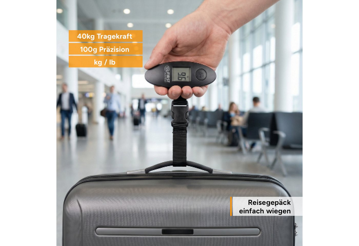 TZS FIRST AUSTRIA Kofferwaage Tragbar bis 40 kg, Einheiten kg/lb, Überlastungsanzeige, Auto-Off, Tragkraft 40 kg, (1-tlg), Gepäckwaage mit Tara-Funktion, LCD-Display, praktisch für Reisen Bild 4